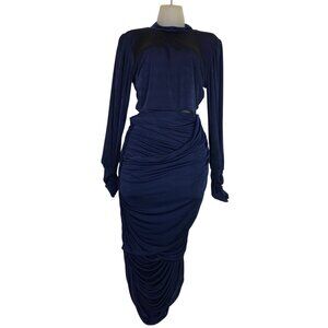 Fashion Nova Taliah Navy Blue Two Piece Crop Top Ruched Skirt Set Size XL Sexy‎